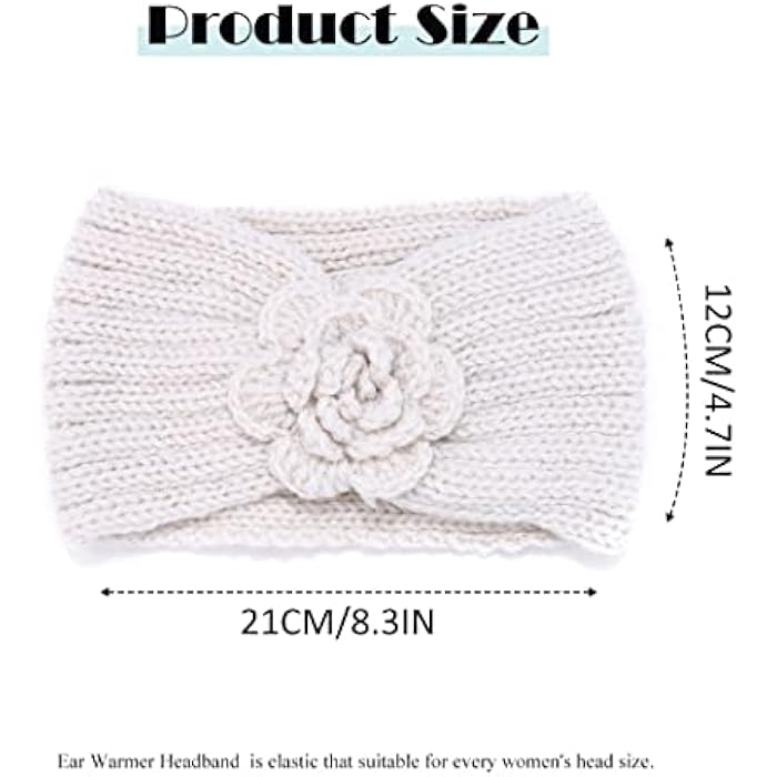 Catery Knit Headbands Ear Warmer Headband Flower Crochet Hair Band Wool Head Wraps Winter Ear Warmers for Women and Girls (C) (beige) - Image 2
